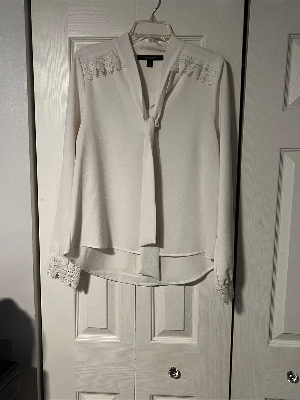 Tie-Neck Lace-Trim Blouse in Cream by Theory